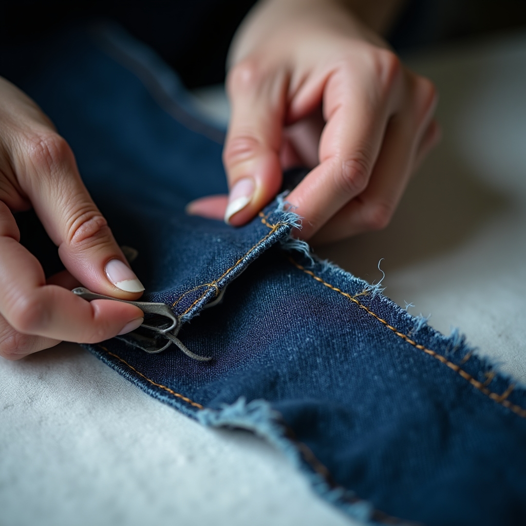 Riparazione cucitura su jeans nel laboratorio Tessaron